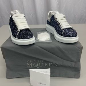 Alexander McQueen navy blue sequenced, silver leather sneakers
